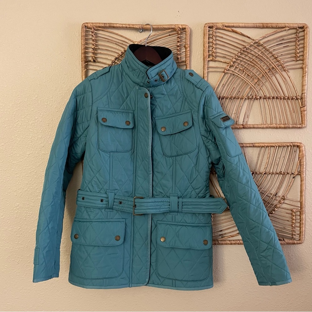 Barbour‎ International Tourer Polarquilt Jacket Blue Belted Biker Women Sz 8 B28